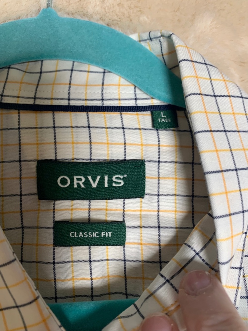 Orvis Men’s navy/yellow classic fit sz Large Tall button up shirt - like new